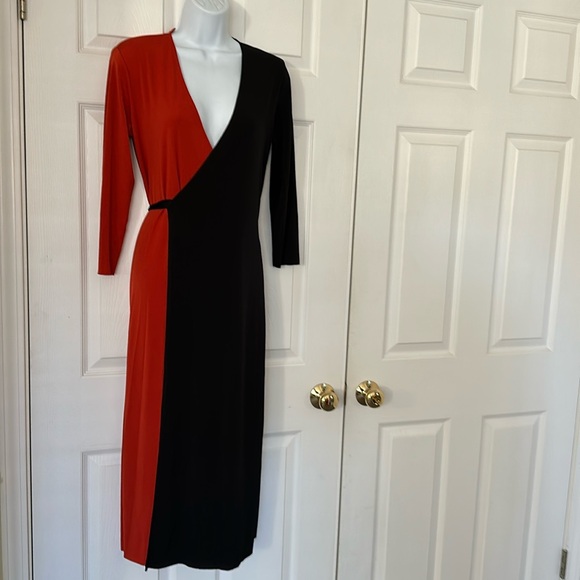 🧡🖤 ZARA Colorblock Orange Black WRAP DRESS 👗 M - Picture 3 of 5